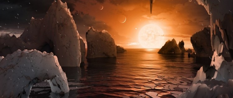 An artistic ilustration of the surface of a planet from the Trappist-1 system